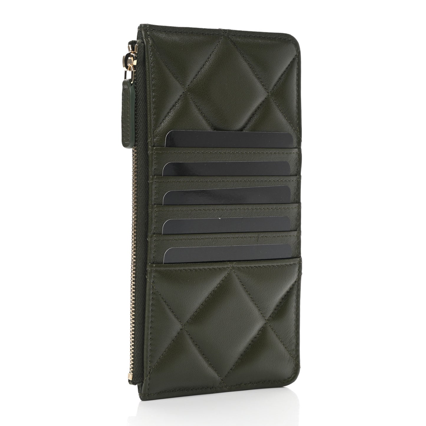 Lambskin Quilted Chanel 19 Phone and Card Holder Khaki