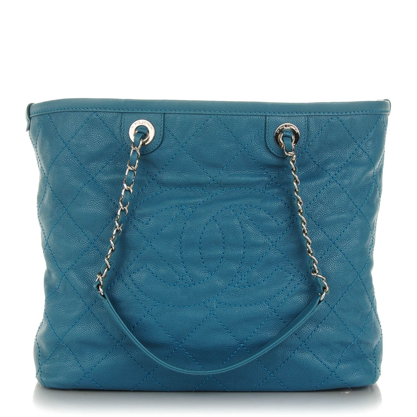 Grained Calfskin Small Shopping Daily Tote Turquoise