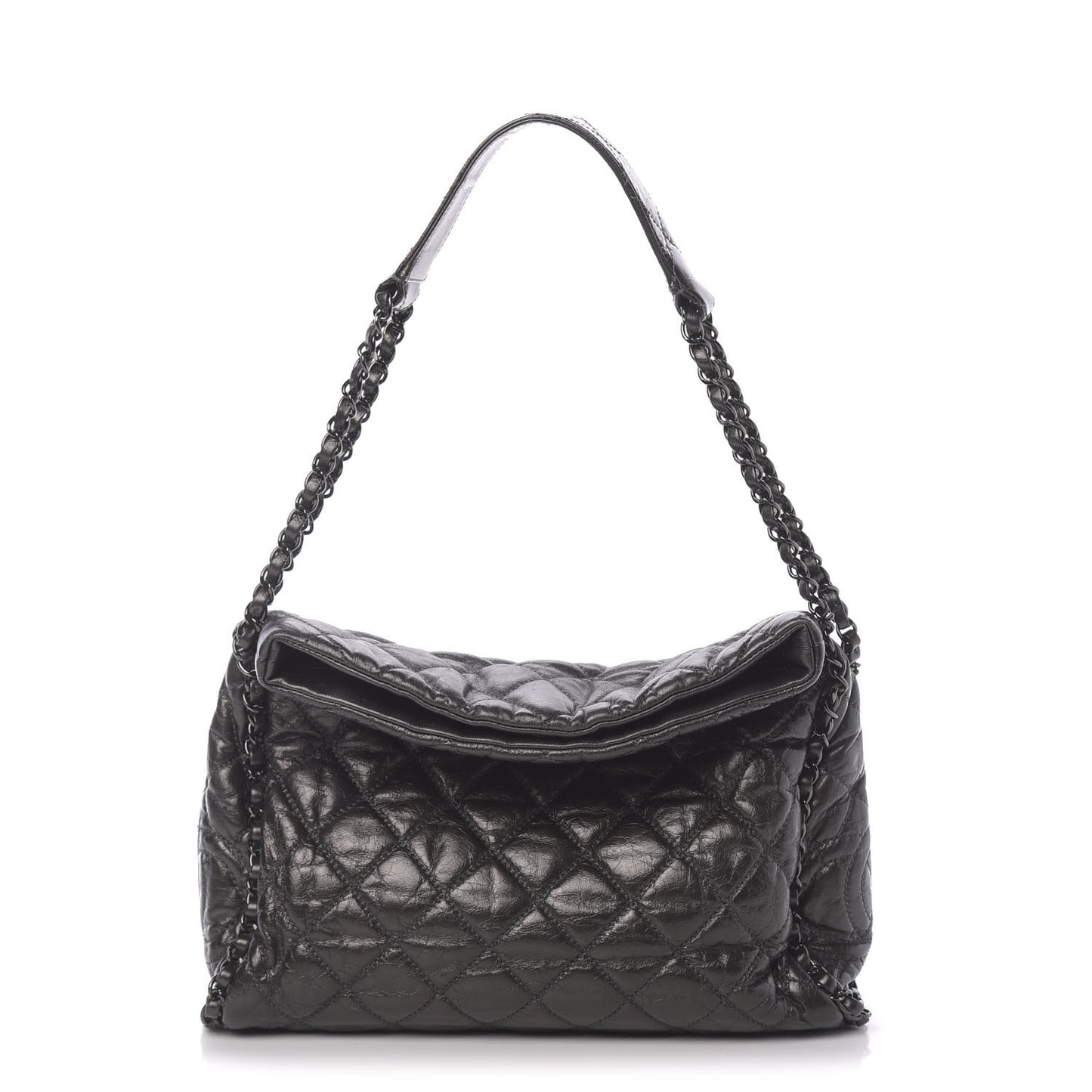 Metallic Aged Calfskin Quilted Medium Chain Me Hobo Dark Grey