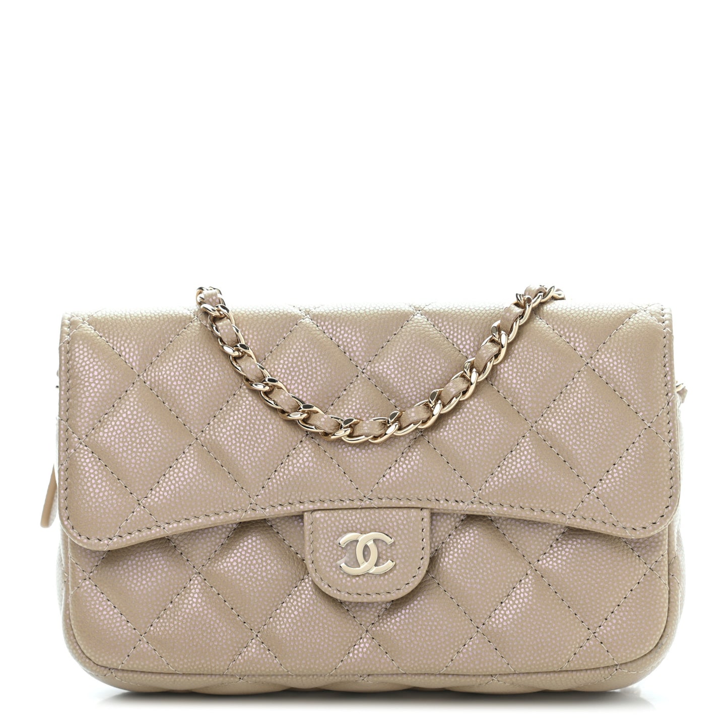 Iridescent Caviar Quilted Flap Phone Holder With Chain Beige