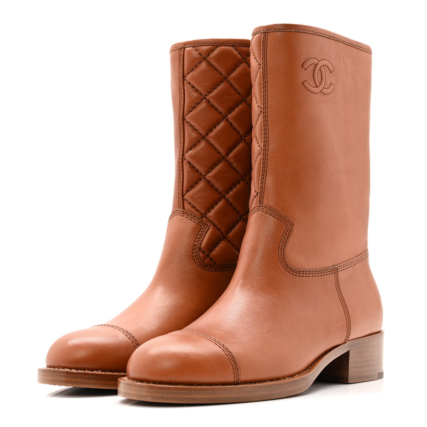 Calfskin CC Logo Mid Calf Boots 37 Caramel