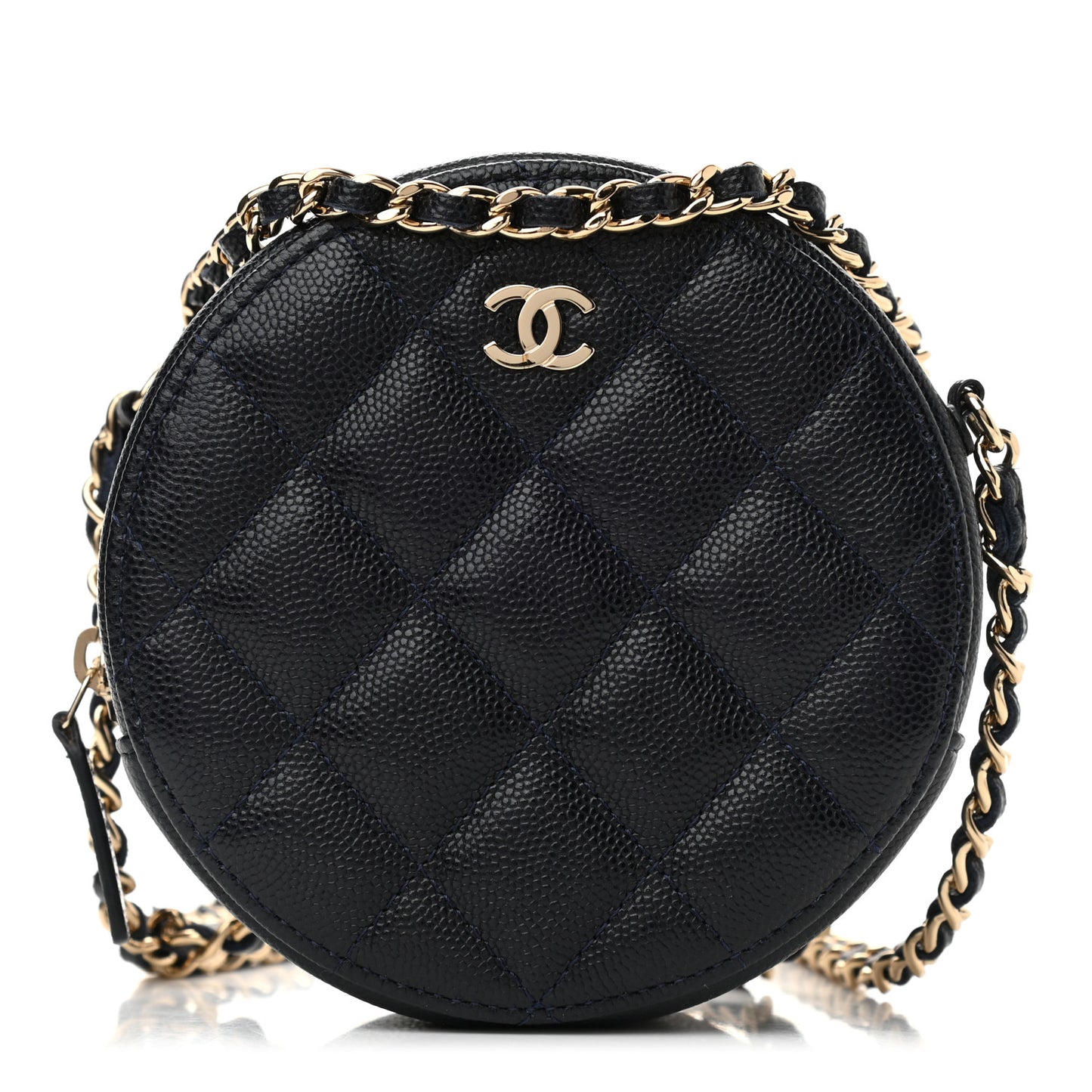 Caviar Quilted Round Clutch With Chain Navy