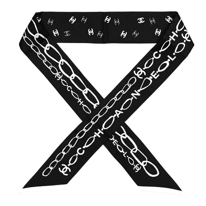 Chanel Silk Logo Slim Bandeau Scarf Black White 1 of 4
