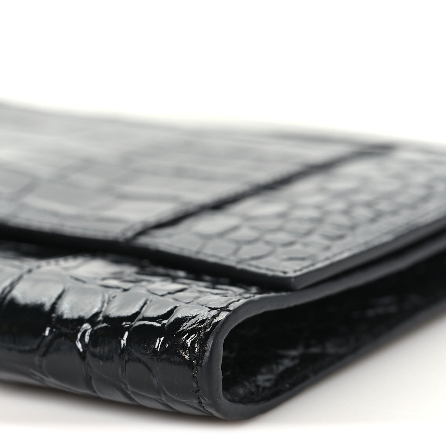 Balenciaga Shiny Calfskin Crocodile Embossed Hourglass Gusset Pouch Black 9 of 10