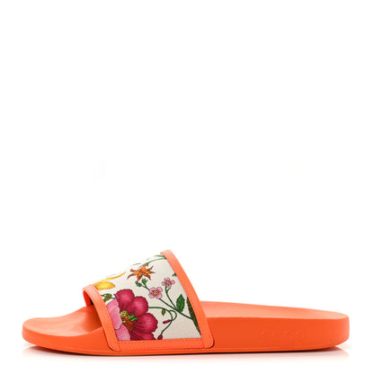 Gucci Canvas Flora Print Slide Sandals 40 Fluorescent Orange 1 of 7