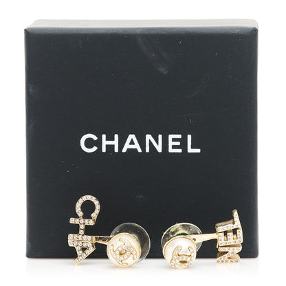Chanel Pearl Crystal Logo Earrings Gold Pearly White 5 of 5