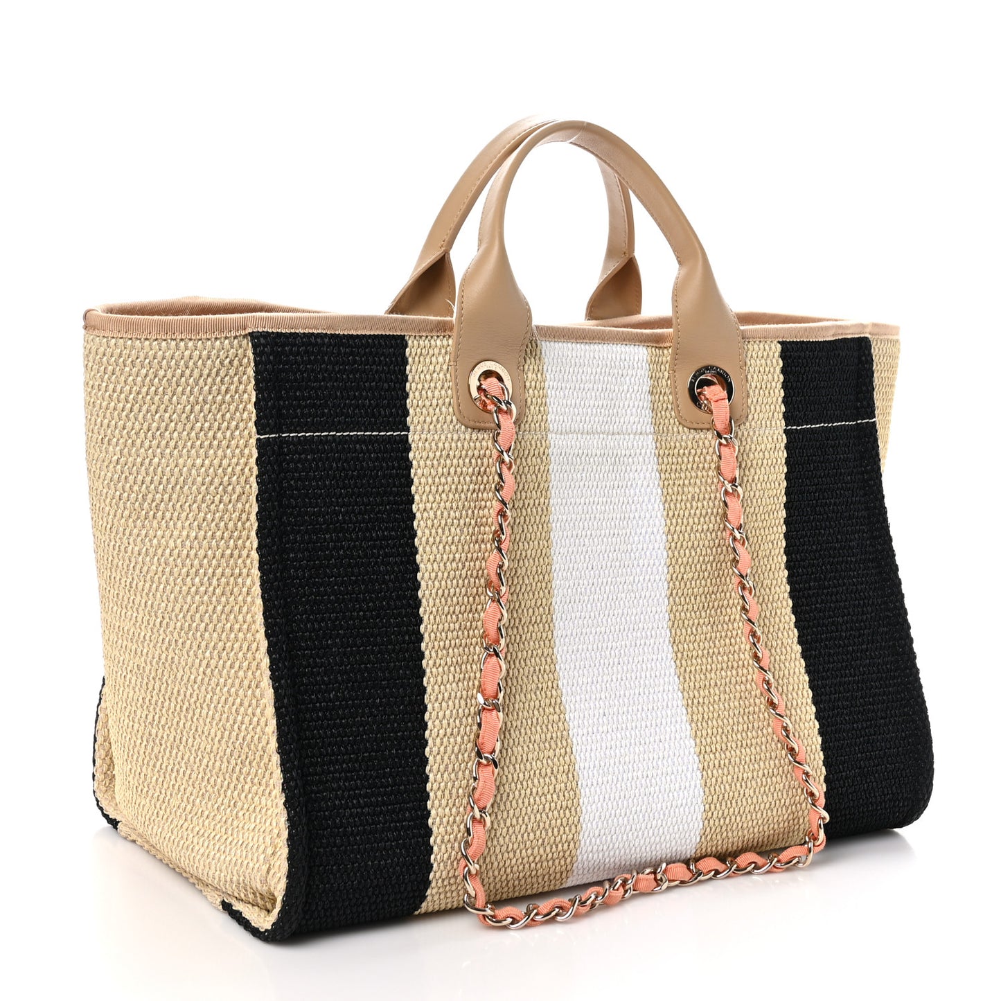 Straw Raffia Calfskin Striped Medium Deauville Tote Black Beige Ivory