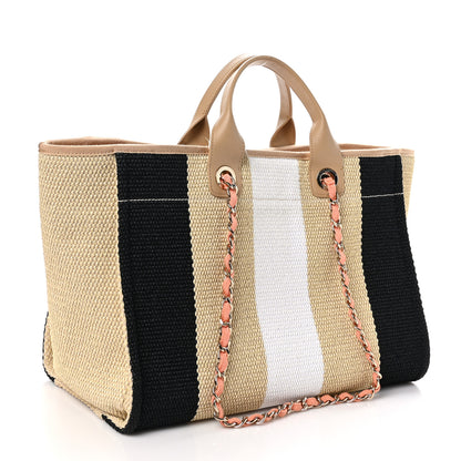 Chanel Straw Raffia Calfskin Striped Medium Deauville Tote Black Beige Ivory 3 of 12