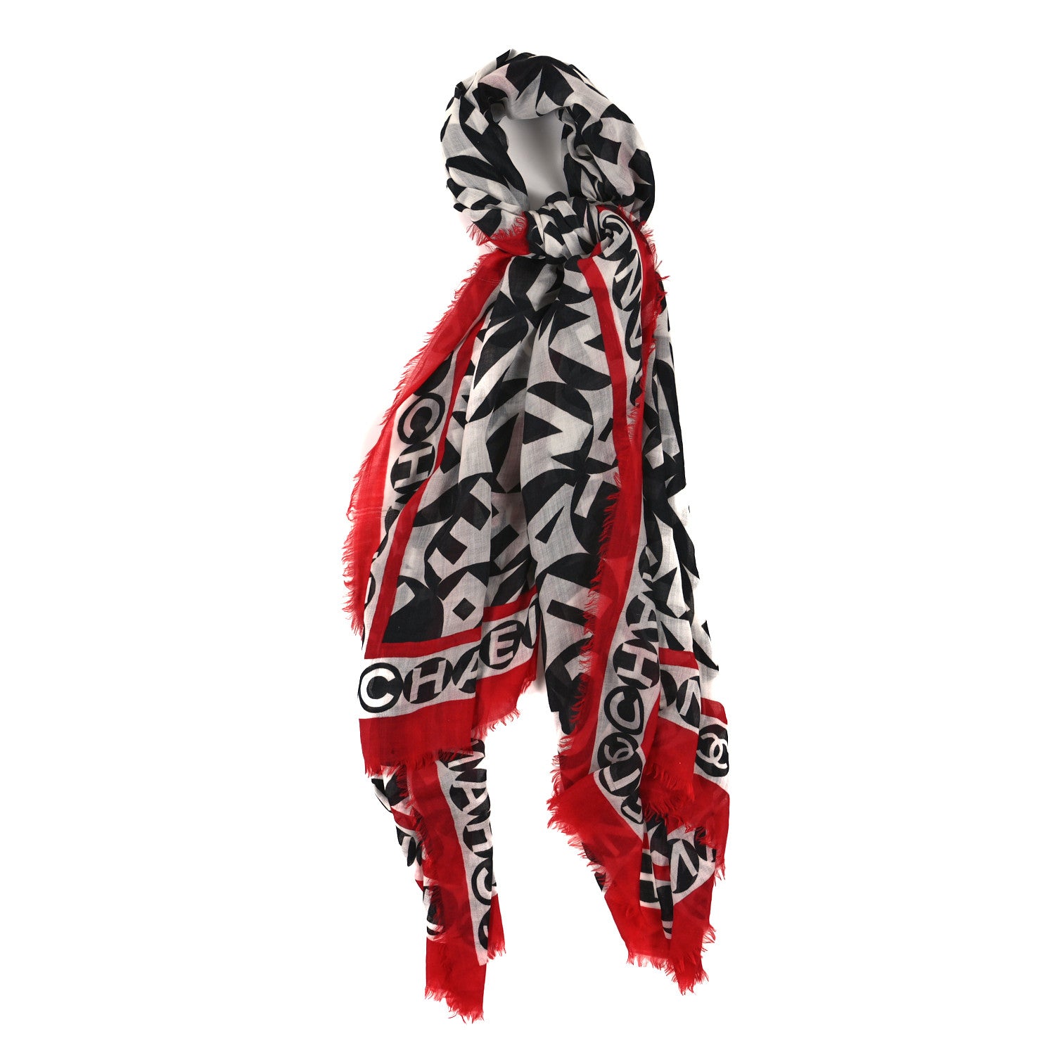 Chanel Cashmere Silk CC Logo Fringe Scarf White Black Red 1 of 4