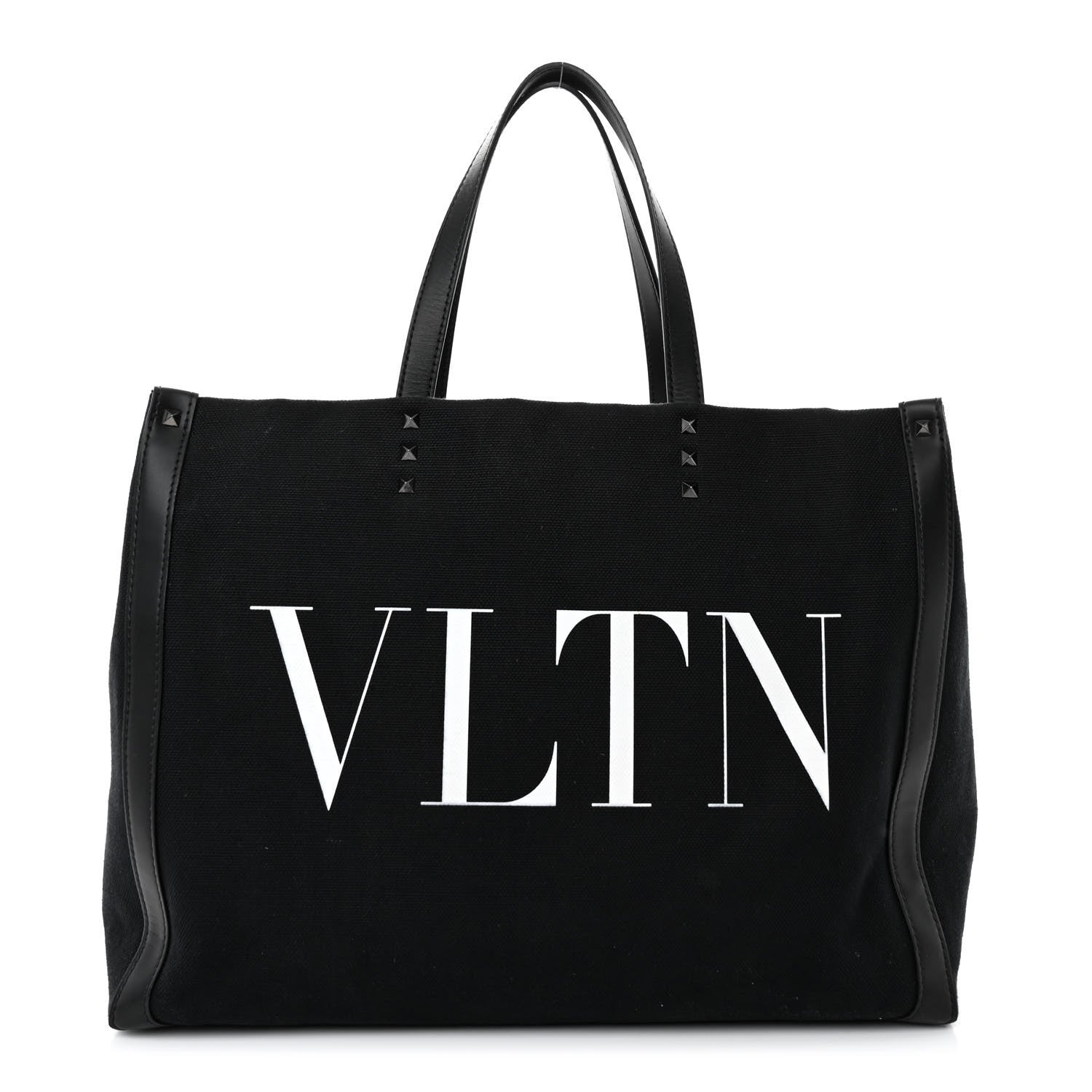 Valentino Garavani Canvas Calfskin VLTN Print Small Rockstud Tote Black 1 of 10