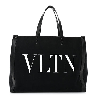 Valentino Garavani Canvas Calfskin VLTN Print Small Rockstud Tote Black 1 of 10