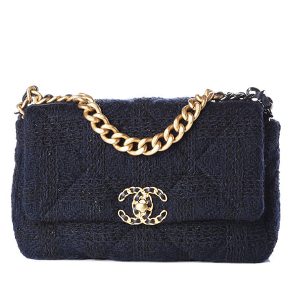 Chanel Tweed Quilted Medium 19 Flap Navy Blue Black 1 of 9