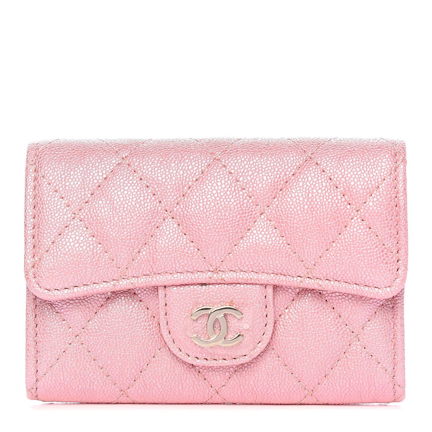 Iridescent Caviar Quilted Flap Card Holder Rose Pink