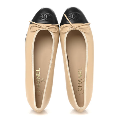 Chanel Lambskin Cap Toe CC Ballerina Flats 36.5 Beige Black 2 of 10