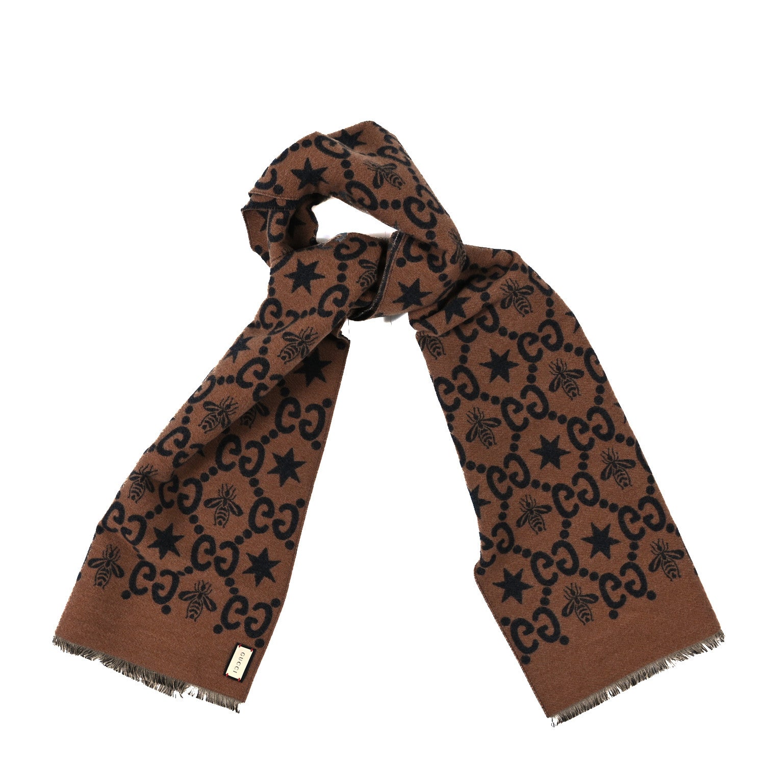 Gucci Wool Silk GG Monogram Fly Constellation Scarf Brown Black 1 of 3