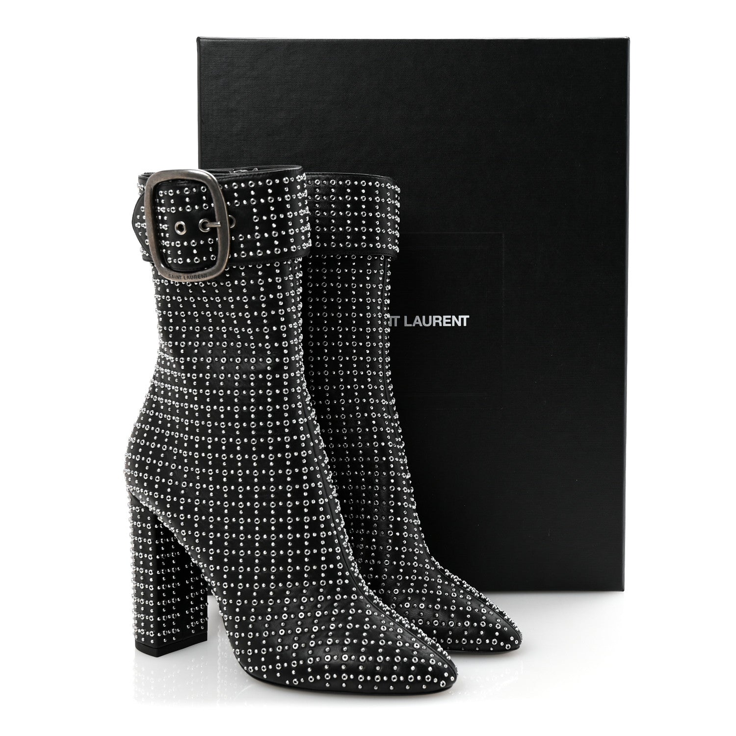 Saint Laurent Nappa Studded Joplin Buckle Booties 38 Black 10 of 10