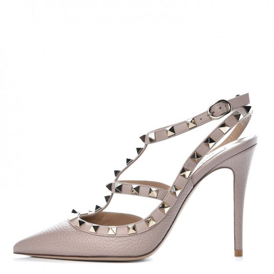 Pebbled Calfskin Rockstud Ankle Strap Pumps 38 Poudre