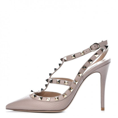 Valentino Garavani Pebbled Calfskin Rockstud Ankle Strap Pumps 38 Poudre 1 of 10