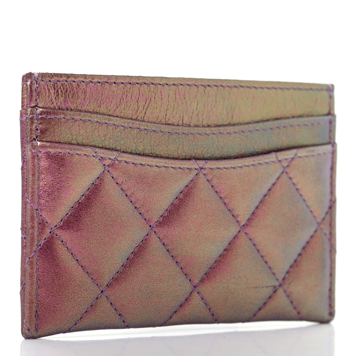 Iridescent Lambskin Quilted Card Holder Purple