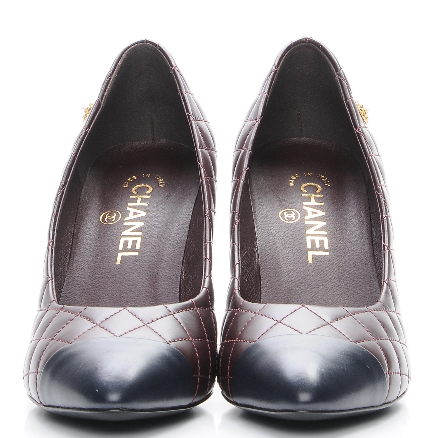 Chanel Calfskin Quilted Cap Toe Camellia Pumps 39 Burgundy Navy 2 of 9