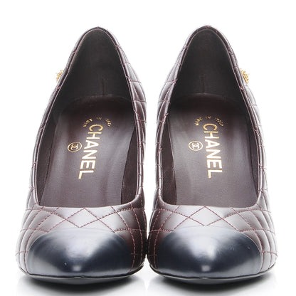 Chanel Calfskin Quilted Cap Toe Camellia Pumps 39 Burgundy Navy 2 of 9