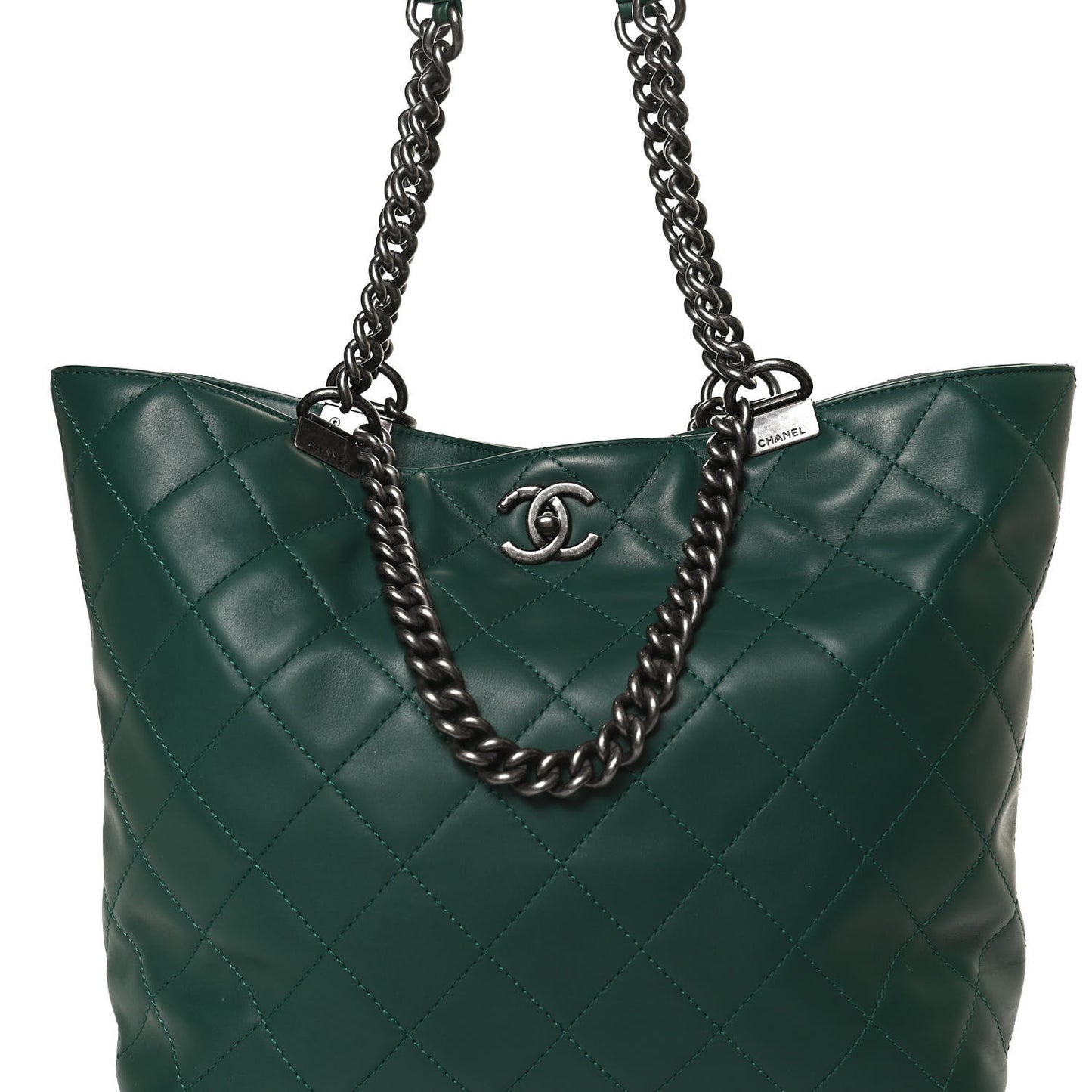 Calfskin Quilted Large Shopping In Chains Tote Green