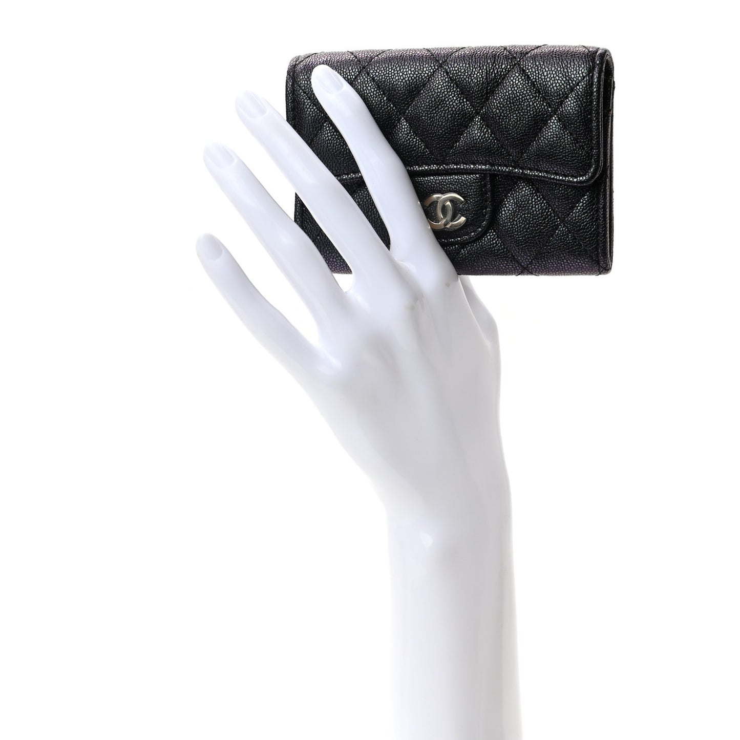 Iridescent Caviar Quilted Flap Card Holder Wallet Black
