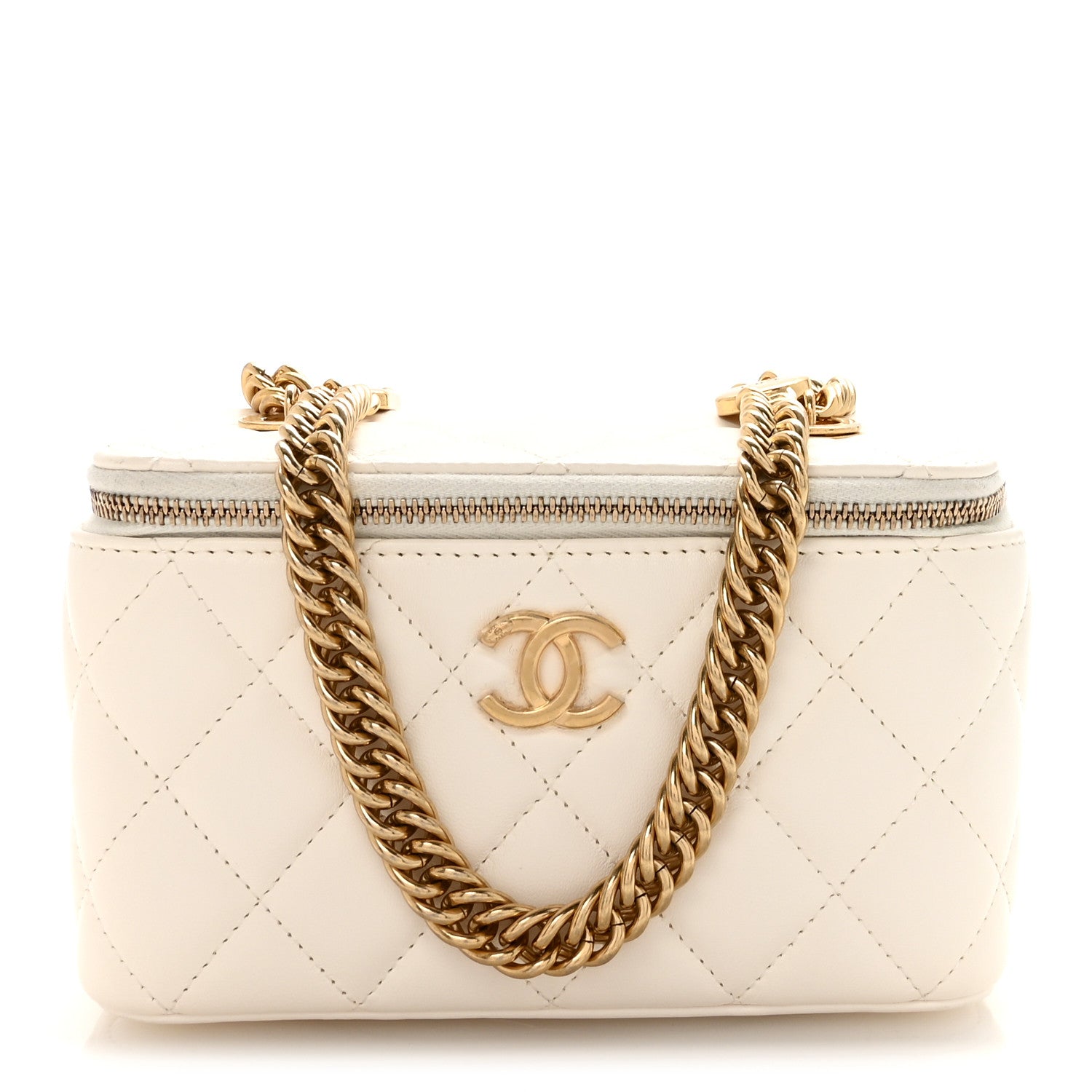 Chanel Lambskin Enamel Quilted Logo Small Vanity Case With Chain White 1 of 11