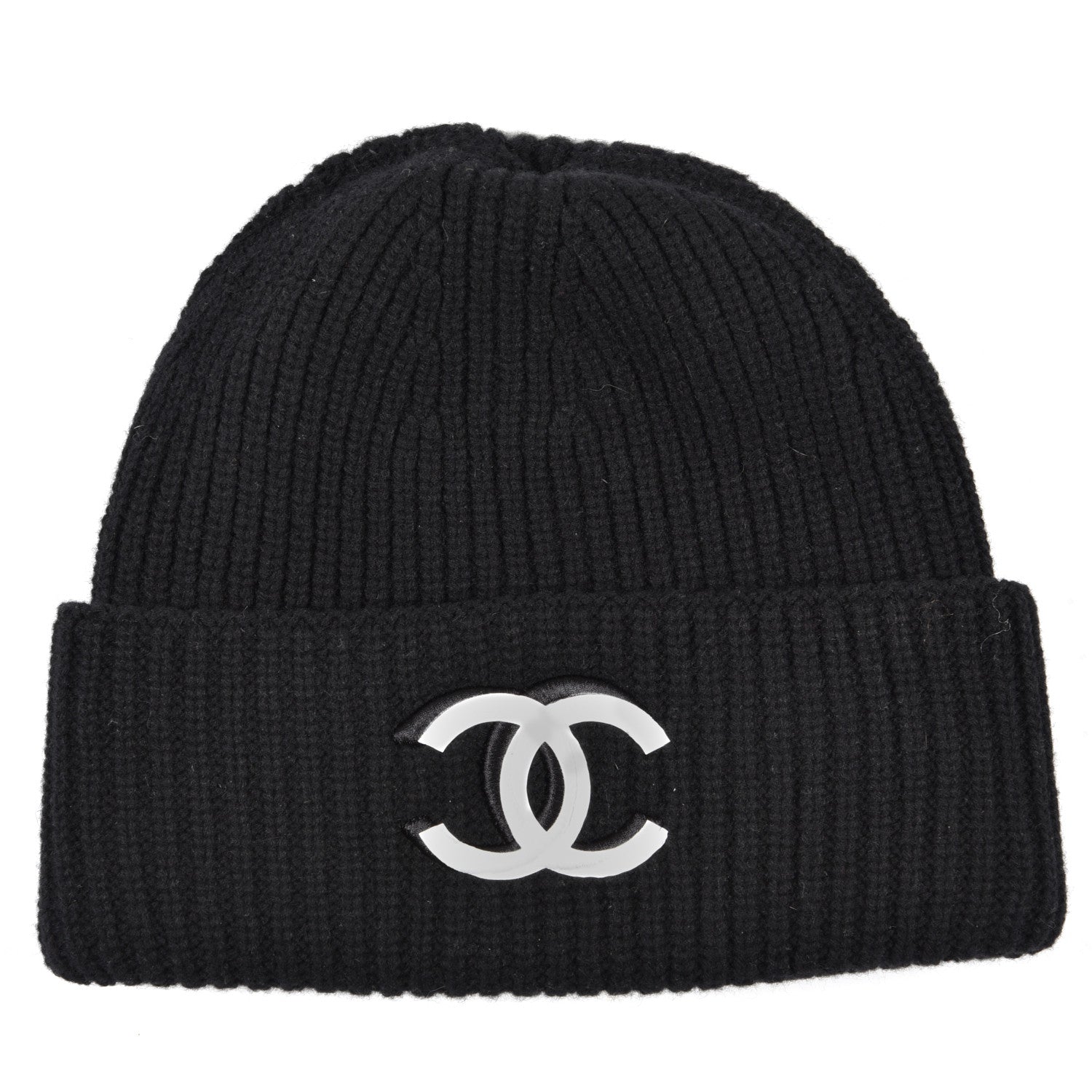 Chanel Wool Cashmere CC Beanie Hat Light Black White 1 of 5