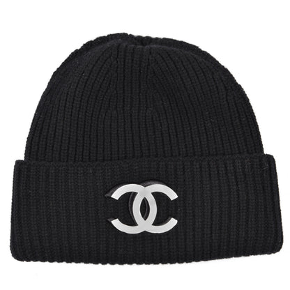 Chanel Wool Cashmere CC Beanie Hat Light Black White 1 of 5