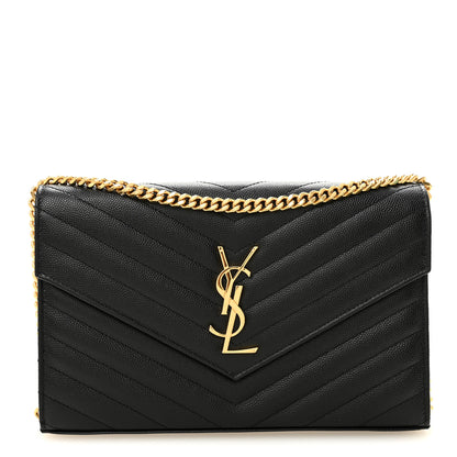 Saint Laurent Grain De Poudre Matelasse Chevron Monogram Chain Wallet Black 1 of 10