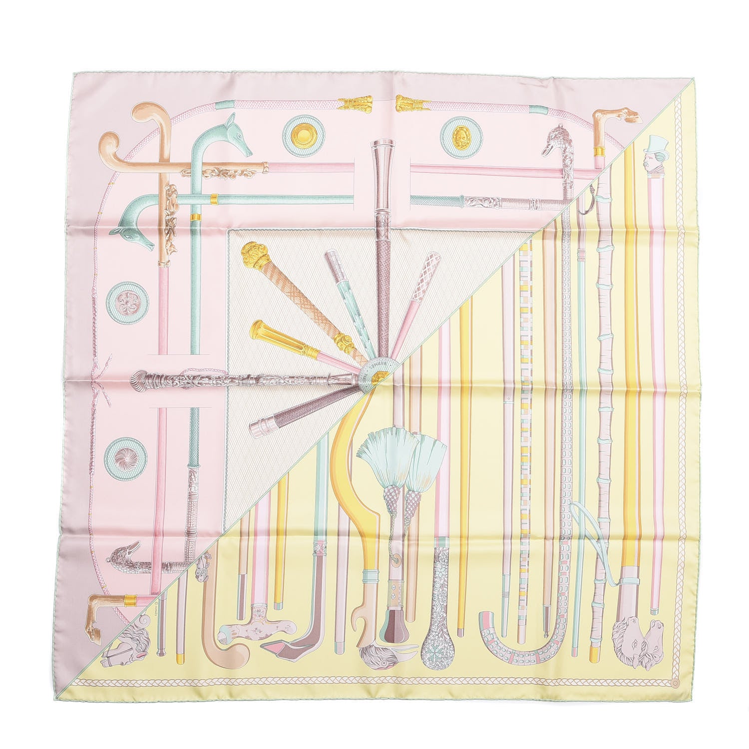 Hermes Silk Cannes Et Cannes Scarf 90 Jaune Soufre Rose Pale Vert 1 of 3