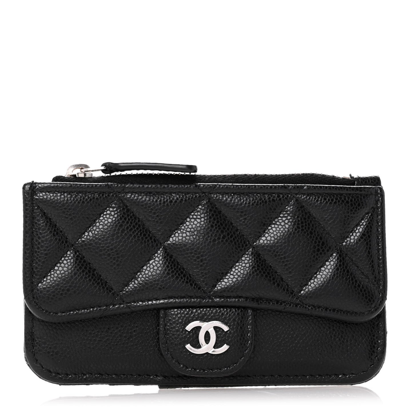 Caviar Quilted Flap Zip Card Holder Black