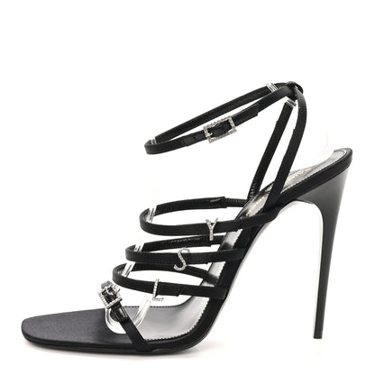 Saint Laurent Crepe Satin Crystal Logo Jerry 110 Ankle Strap Sandals 38.5 Black 1 of 9