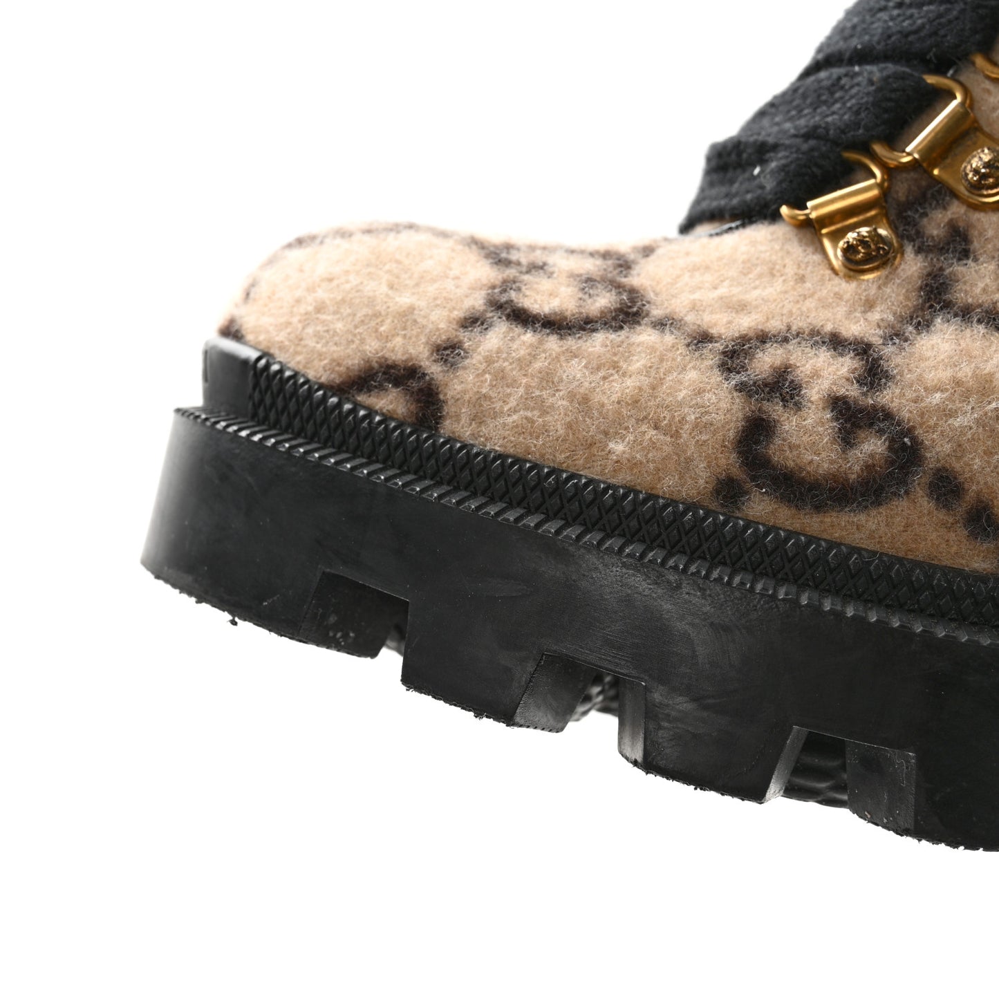 Covered Wool GG Monogram Womens Lace Up Combat Ankle Boots 36.5 Beige Ebony Black