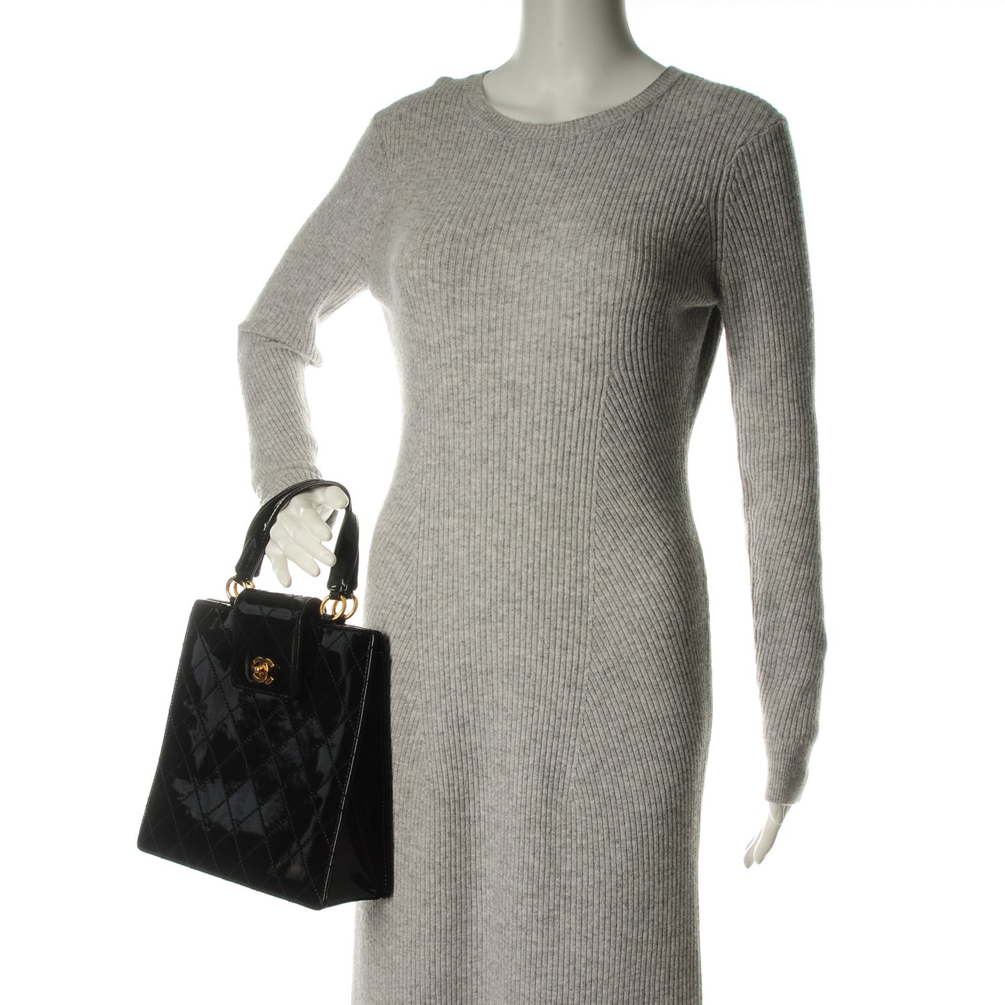 Patent Quilted Top Handle Tote Black