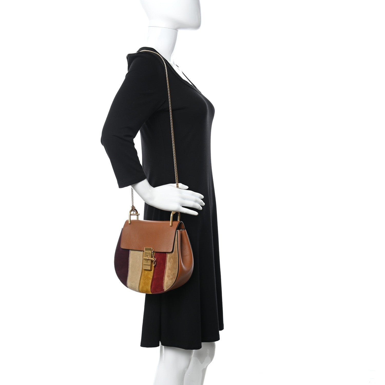 Chloe Smooth Calfskin Suede Striped Patchwork Drew Shoulder Bag Caramel 2 of 10