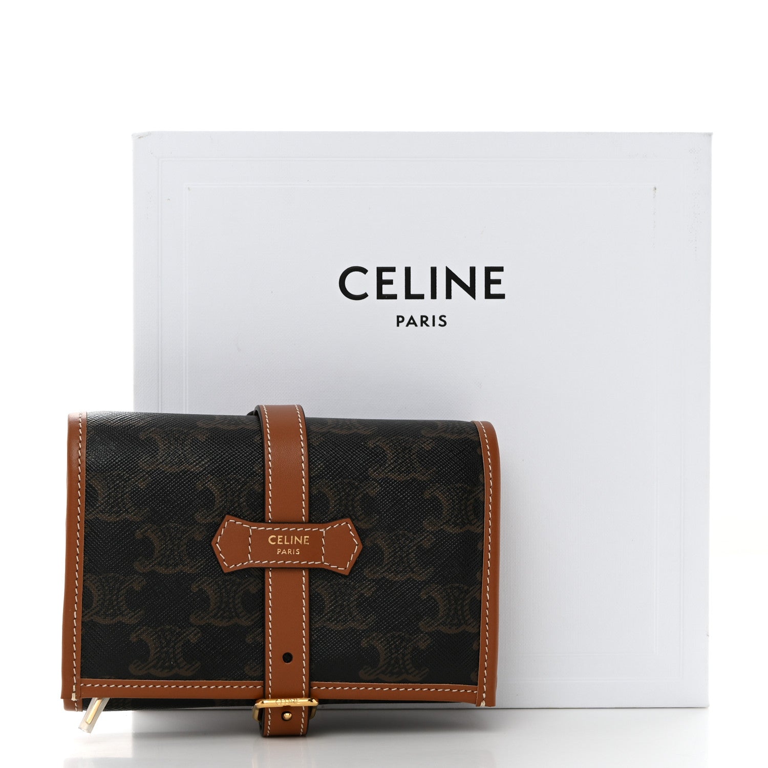 Celine Triomphe Canvas Calfskin Jewelry Pouch Tan 1563823