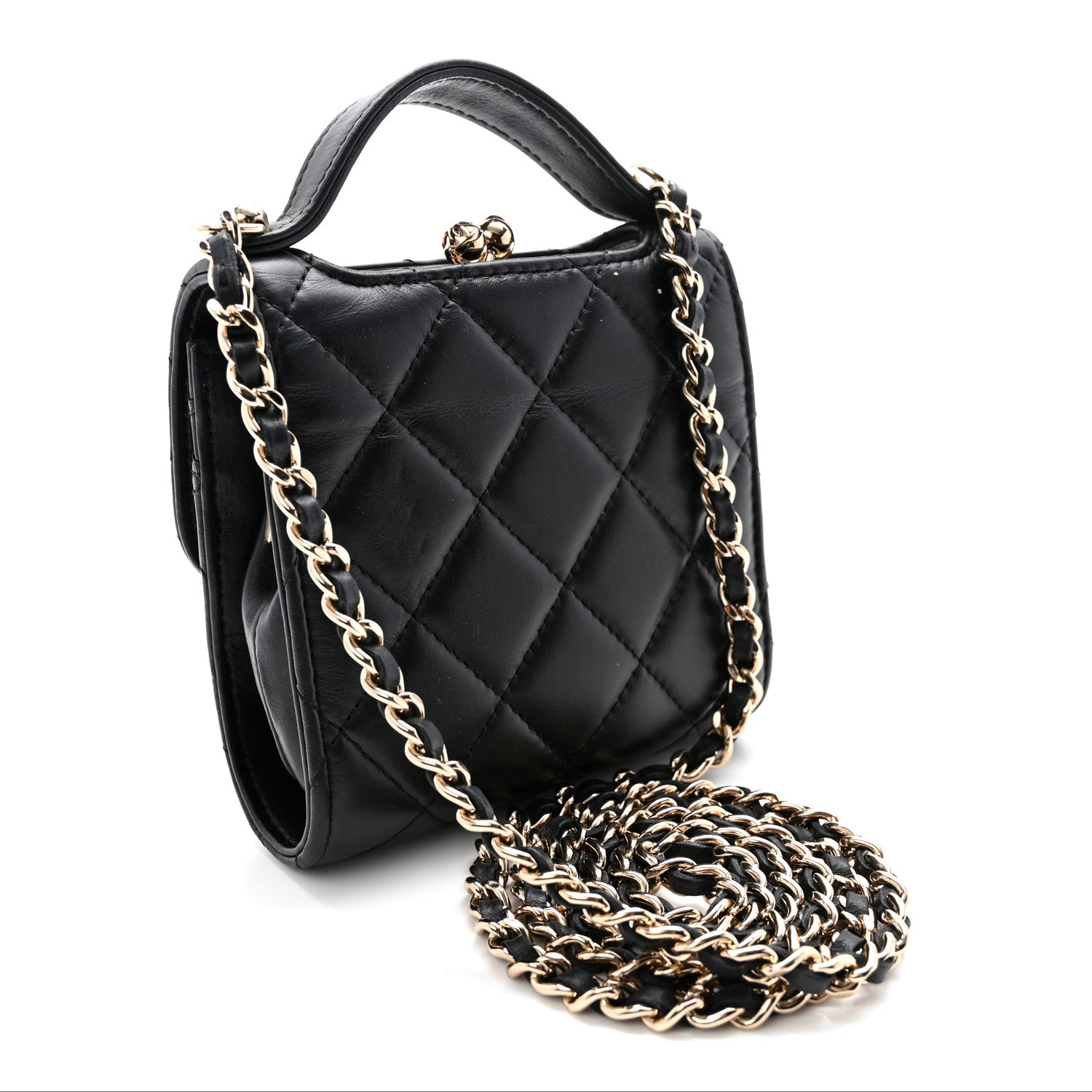 Chanel Lambskin Quilted Kiss Lock Top Handle Flap Clutch With Chain Black 3 of 10