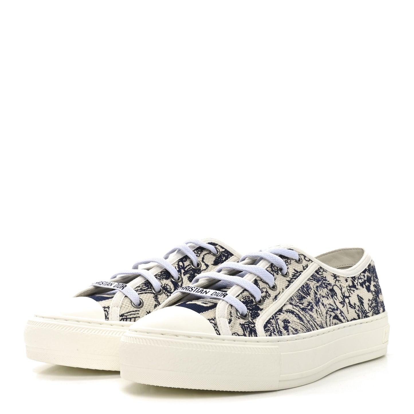 Canvas Toile De Jouy Embroidered Womens Walk'N'Dior Low Top Sneakers 38.5 Off-White Blue