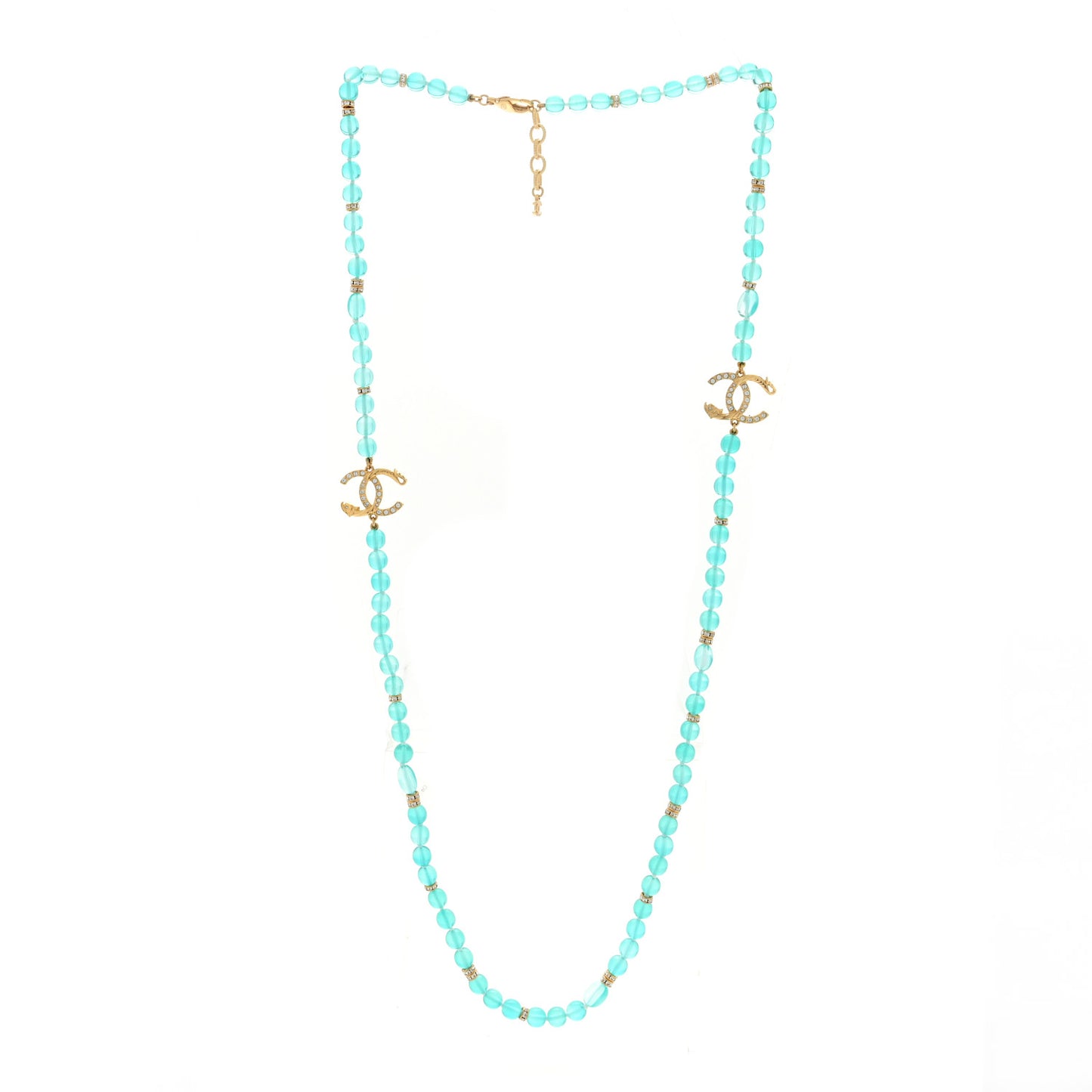Metal Crystal Beaded CC Long Necklace Gold Blue