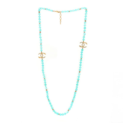 Chanel Metal Crystal Beaded CC Long Necklace Gold Blue 2 of 4