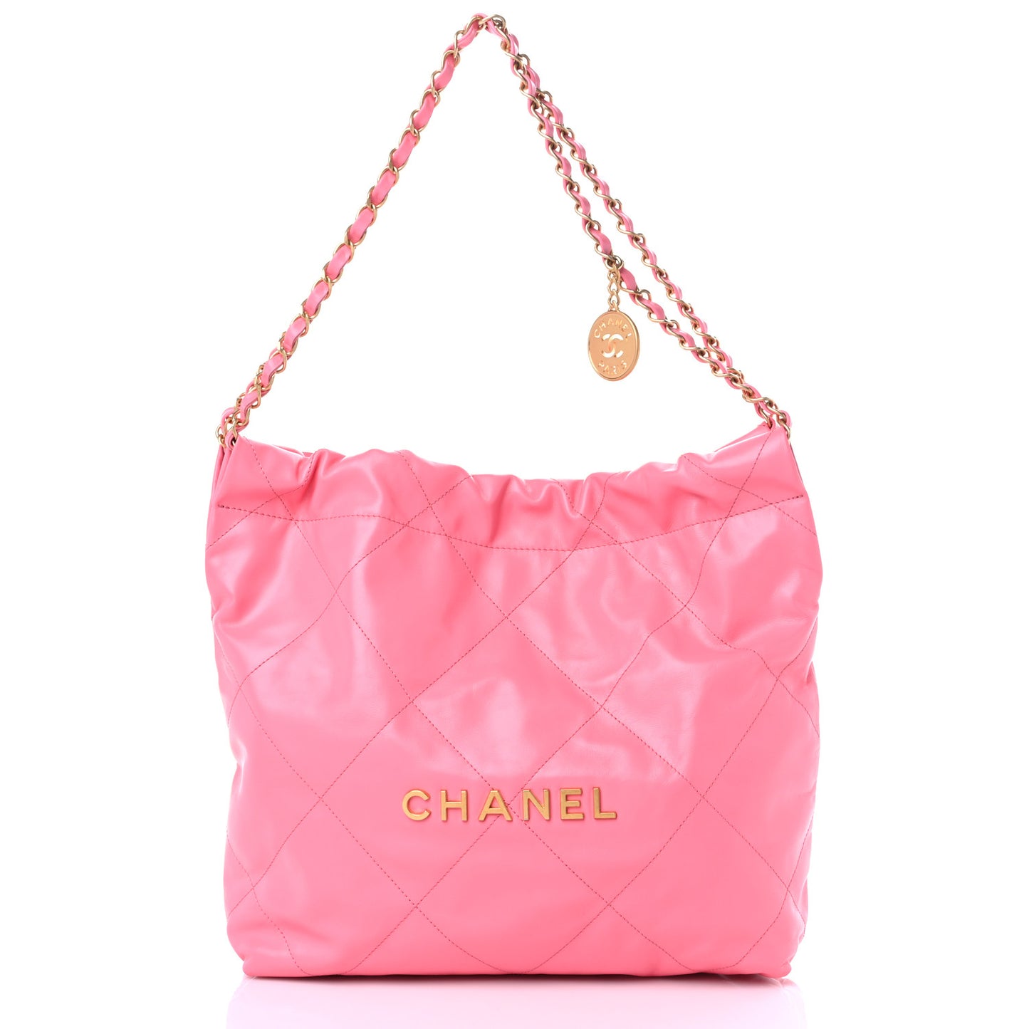 Shiny Calfskin Quilted Chanel 22 Drawstring Bag Coral Pink