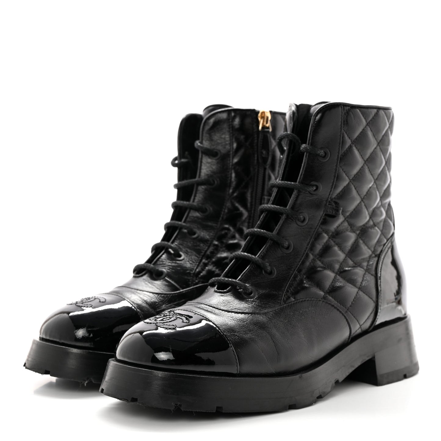 Shiny Calfskin Patent Quilted Chain Lace Up Combat Boots 39 Black