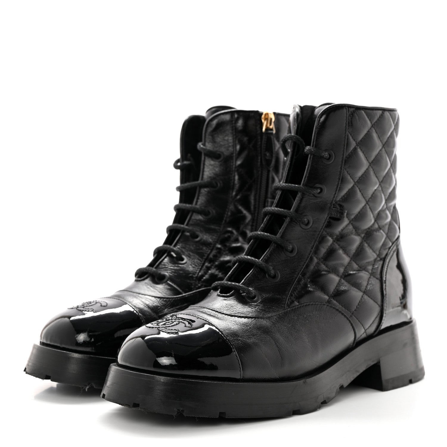 Chanel Shiny Calfskin Patent Quilted Chain Lace Up Combat Boots 39 Black 3 of 15