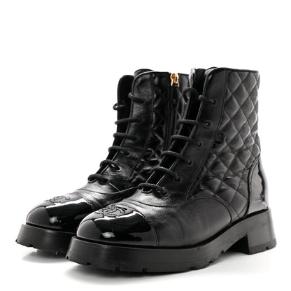Chanel Shiny Calfskin Patent Quilted Chain Lace Up Combat Boots 39 Black 3 of 15