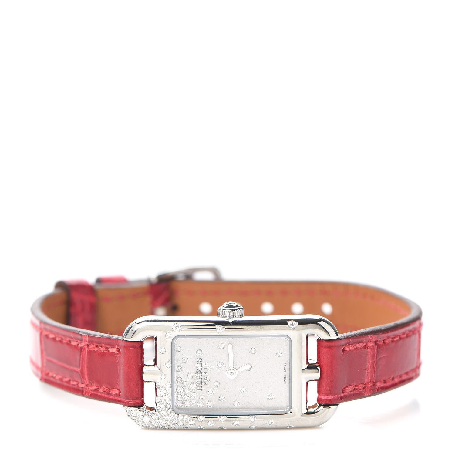 Hermes Stainless Steel Alligator Diamond 17mm Nantucket Jete De Diamants Quartz Watch Braise 2 of 5