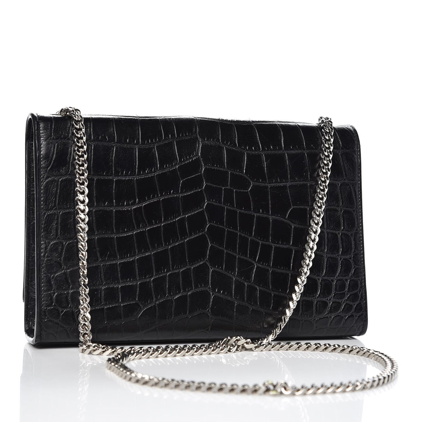 Calfskin Crocodile Embossed Medium Classic Monogram Kate Tassel Satchel Black