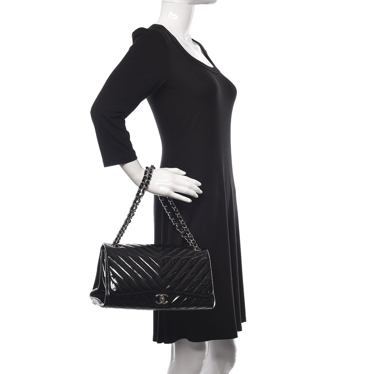 Patent Chevron Quilted Accordion Flap Black