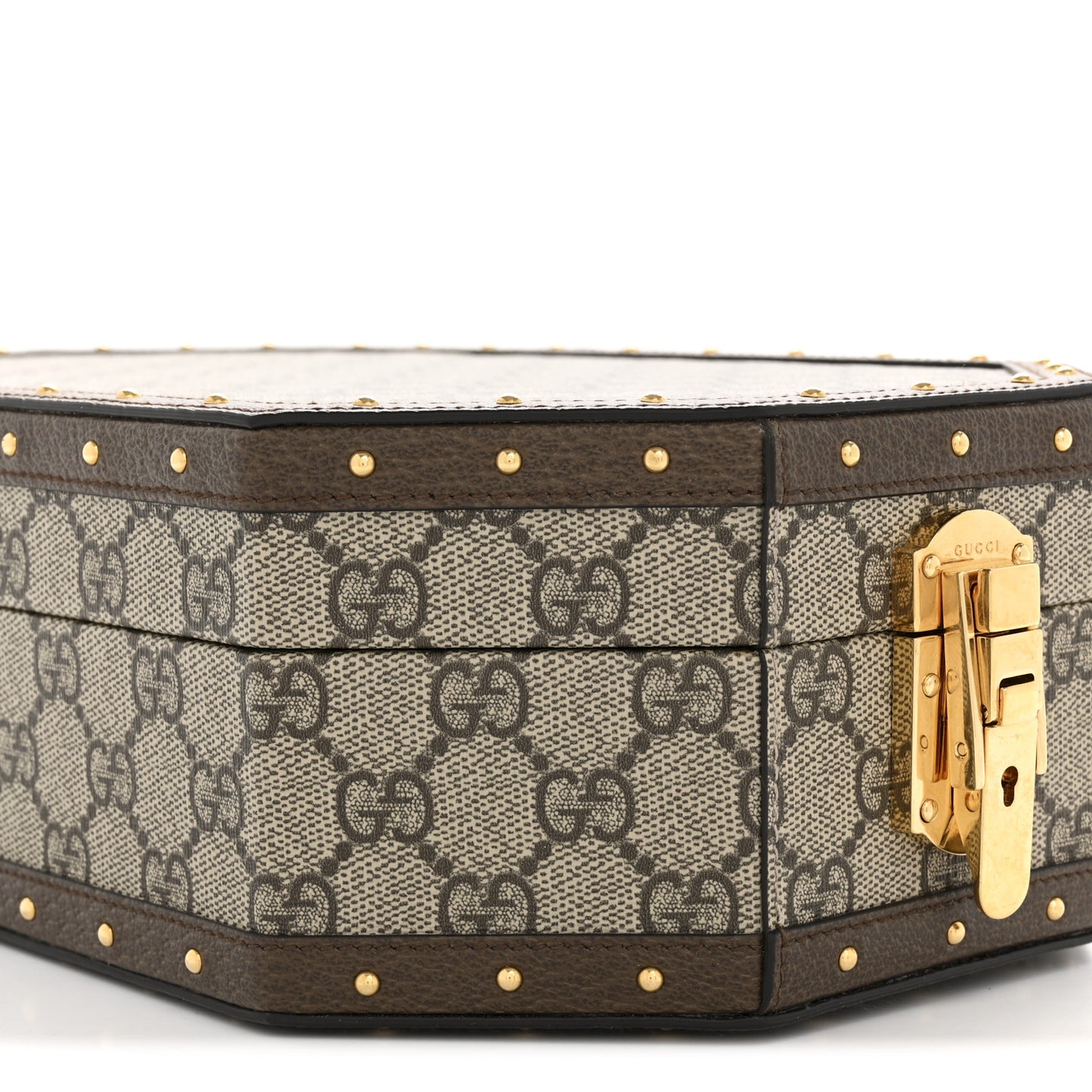 GG Supreme Monogram Textured Dollar Calfskin Studded Padlock Octogon Top Handle Pet Travel Bowl Set Case Beige Ebony New Acero